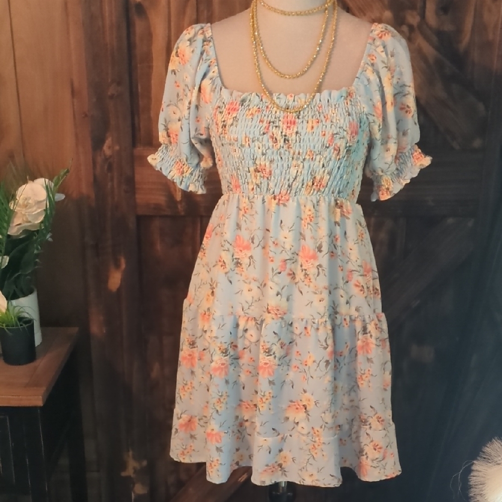 Like New Baby Blue and Floral Tiered Mini Dress. Size M